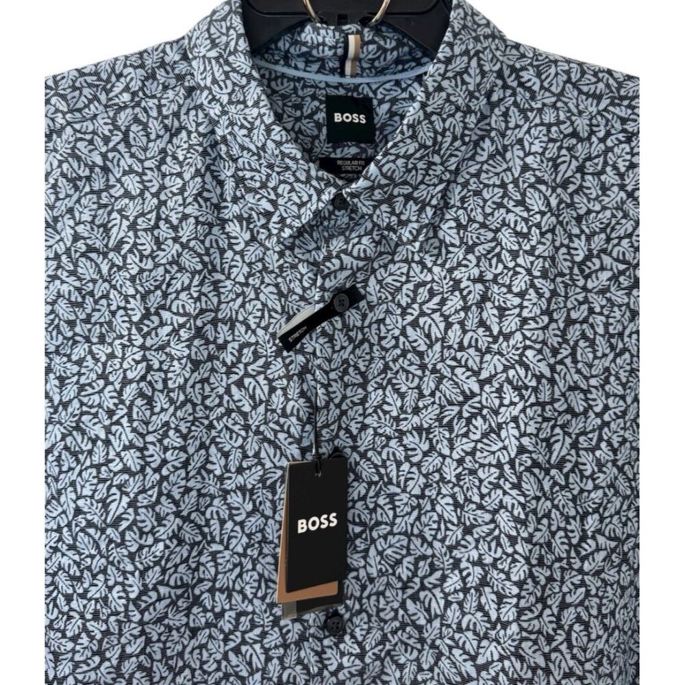 HUGO BOSS Shirt Mens XXL BLUE leaf Pattern REGULAR Fit Stretch Linen Blend NWT